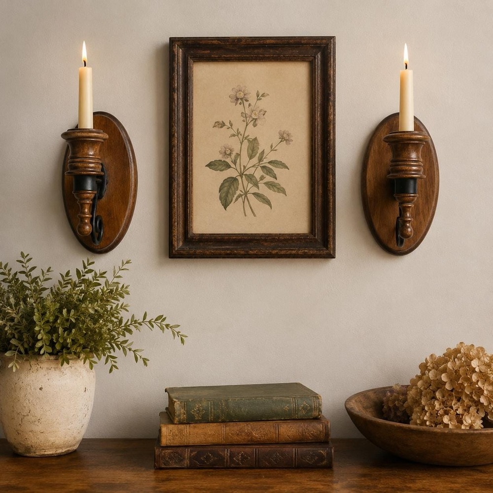 VTG Wood Wall Candle Sconces Pair Colonial Turned Wood Candle Holders American